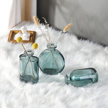 Joeyan Green Glass Bud Vase Set of 3 - Decorative Rustic Flower Vase - Small Bottle Vase Centerpieces for Wedding, Home, Office, Table Décor