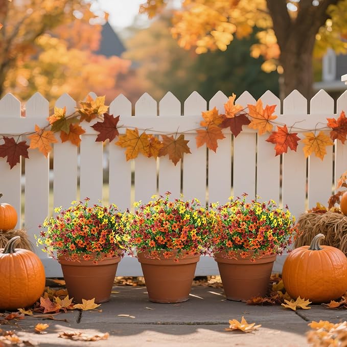 Artificial Flowers for Outdoors Fake Plants Spring Home Decoration, 12 Bundles Realistic Faux Flower Daisy with Eucalyptus Stem UV Resistant for Patio Planter Porch Yard (Yellow Brown Orange)