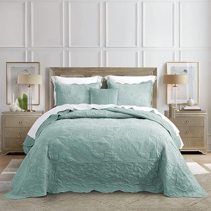 HZ & HY Queen Size Bedspread, Quilted Coverlet Bedding Set, Lightweight Thin Comforter, Reversible, Luxurious, 5 Piece, 100% Microfiber, Queen, Aqua Sky