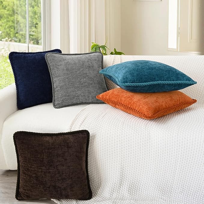 CaliTime Decorative Couch Throw Pillow Covers 18 X 18 Inches Pack of 2 Cozy Chenille Piping Edge Cushion Cases for Sofa Bed Living Room Home Medium Grey