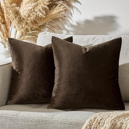 GIGIZAZA Brown Velvet Pillow Covers 18x18,Square Solid Throw Pillow Covers Decorative Modern Pillows Small Vintage Cases for Couch Pack of 2