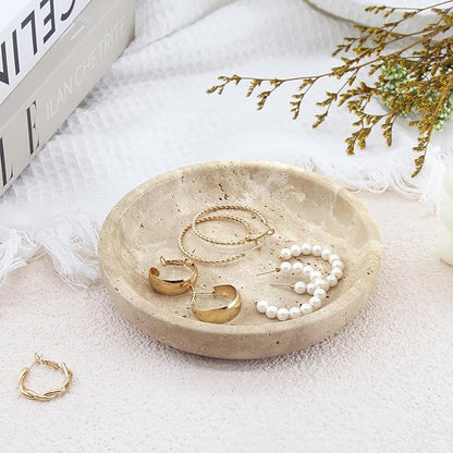 Small Natural Marble Jewelry Tray Key Plate Holder Dish Trinket Decor Catch All Bowl for Ring Earring Stone Gift for Women Daugther,Beige Travertine
