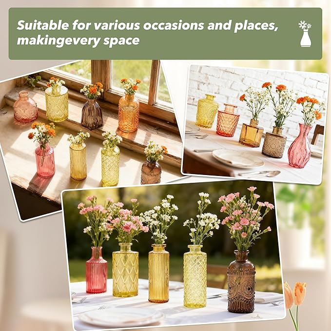 Colored Glass Vases Bulk 32 Pcs - Assorted Vintage Bud Vases for Wedding Centerpieces, Rustic Embossed Glass Bottles for Table Decor, Home Floral Arrangements with Gold Series (2-6 Inch)