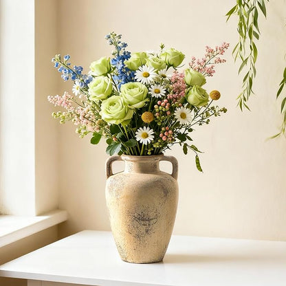 Ceramic Vintage Vases for Flower, 8.85 inch Rustic Vase with Handle, Tall Terracotta Christmas Farmhouse Vase for Home Decor, Living Room Shelf Decor, Enterway, Table, Lyeec