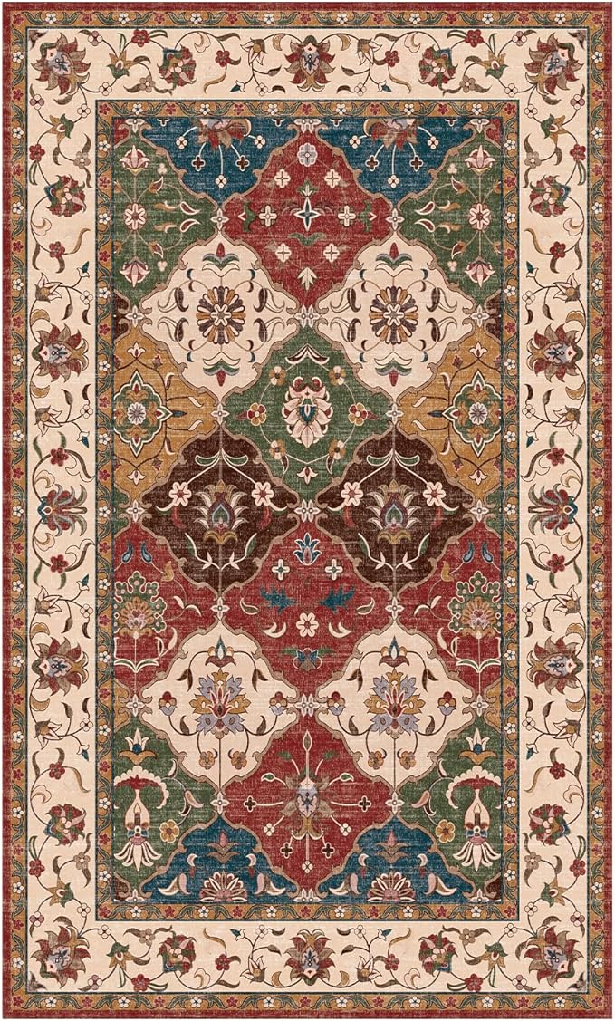 Lessymo Moroccan Area Rugs 3x5, Fauxwool Washable Area Rug for Bedroom Entryway Living Room, Non-Slip Multicolor Oriental Rug, Low Plie Boho Vintage Area Rug, Kid & Pet Friendly, Classic Red and Cream