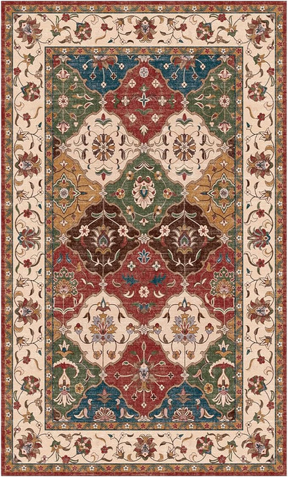 Lessymo Moroccan Area Rugs 3x5, Fauxwool Washable Area Rug for Bedroom Entryway Living Room, Non-Slip Multicolor Oriental Rug, Low Plie Boho Vintage Area Rug, Kid & Pet Friendly, Classic Red and Cream