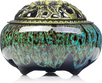 Incense Burner with Calabash Incense Stick Holder - Porcelain Charcoal Censer for Use with Resin Granular Powder Cone or Coil Incense (Kiln-Colored Blue)