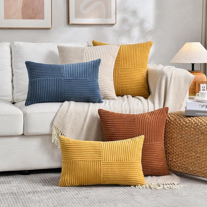 Fancy Homi 2 Packs Rust Lumbar Decorative Throw Pillow Covers 16x28 Inch for Bedroom Couch Bed, Rustic Farmhouse Boho Home Decor, Soft Striped Corduroy Rectangle Accent Terracotta Cushion Case 40x70cm