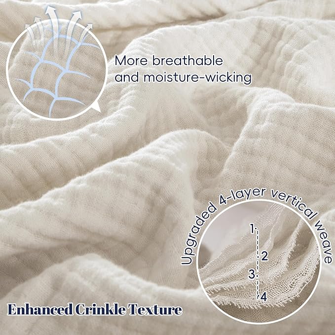 PHF 100% Cotton Muslin Blanket Twin XL Size 66"x90", 4-Layer Lightweight Gauze Throw, Breathable Cloud-Soft Minimalist Blanket for Bed, Couch, Camping & Baby, Oat Milk, Ideal Gift