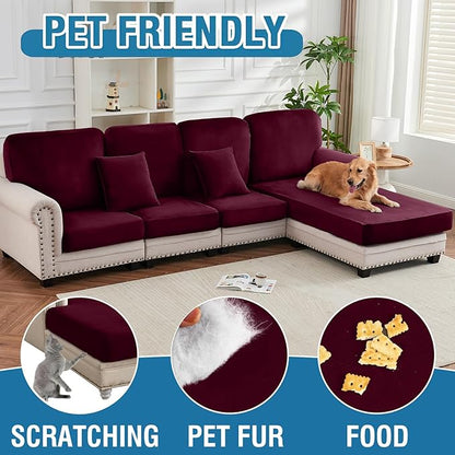 Couch Cover 8-Piece Elastic Velvet Couch Cushion Covers & Chaise Slipcovers for L-Shaped Sofas, Sofa Seat Covers Washable, Soft Cover for Couches (7 Seater + Chaise, Wine)