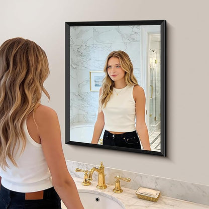 Black Bathroom Mirror 24 x 30 Inch Rectangle Wave Beveled Frame for Wall Bathroom Vanity Mirror for Over Sink, Tempered Glass,for Entryway Hangs, Bathroom Living Room Horizontal or Vertical