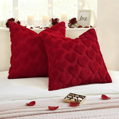 decorUhome Valentine’s Day Soft Plush Throw Pillow Covers 20x20 Inch Set of 2, Faux Fur Red Heart Decoration Neutral Square Pillow Covers for Couch Sofa Bed Cozy Farmhouse Holiday Decor