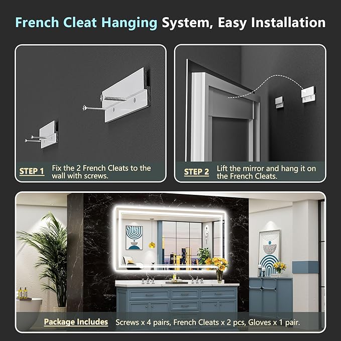 72x40 LED Bathroom Mirror with Lights, Backlit & Front Lit, Anti-Fog Frameless Lighted Vanity Mirrors for Bathroom Wall, Dimmable, 3-Color Light, Memory, Shatter-Proof, Tempered Glass, CRI＞90
