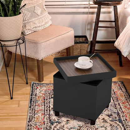 Storage Ottoman for Living Room，Square Ottoman with Tray Bedroom Cube Foot Rest Stool with Legs Ottomans Coffee Table Lid Foldable Footstool Faxu Leather 15" Inch(Black)