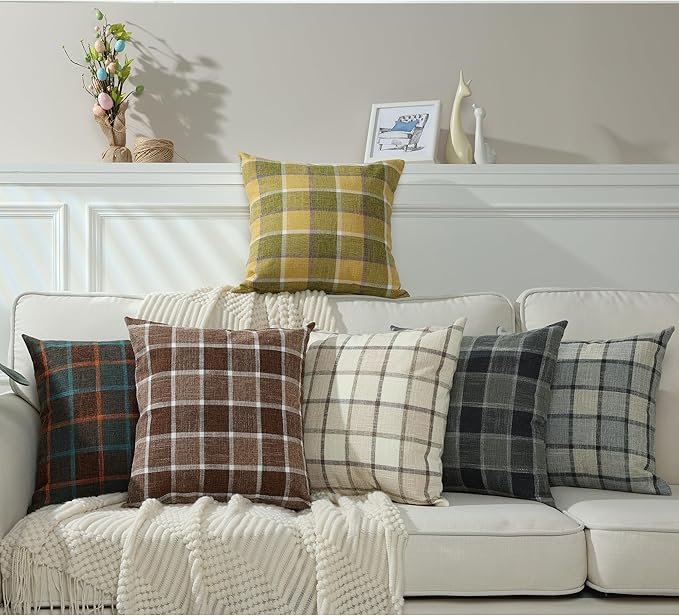 Stellhome Pack of 2 Fall Linen Buffalo Check Decorative Throw Pillow Covers, Farmhouse Plaid Cushion Covers Rustic Retro Decor for Couch Sofa Living Room, 24x24 Inch, Beige