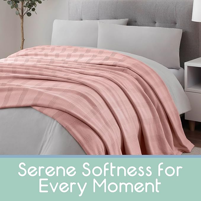 King Size 100% Cotton Blanket | Super Soft Breathable Lightweight Throw | All-Season Knit Blanket | Luxury Hotel Versatile | Easy Care Pink Clay