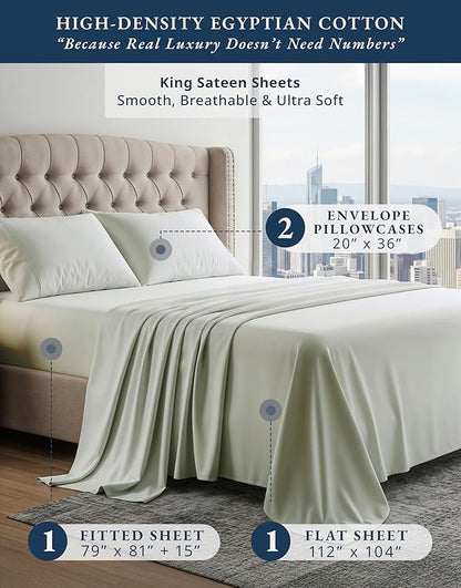 100% Egyptian Cotton King Size Sheets Set – Silky Sateen Weave for Winter Sleep Comfort, Buttery Soft & Durable Christmas Sheets King Size, Snug Fit 15" Deep Pocket, Hotel Comfort at Home - Mineral