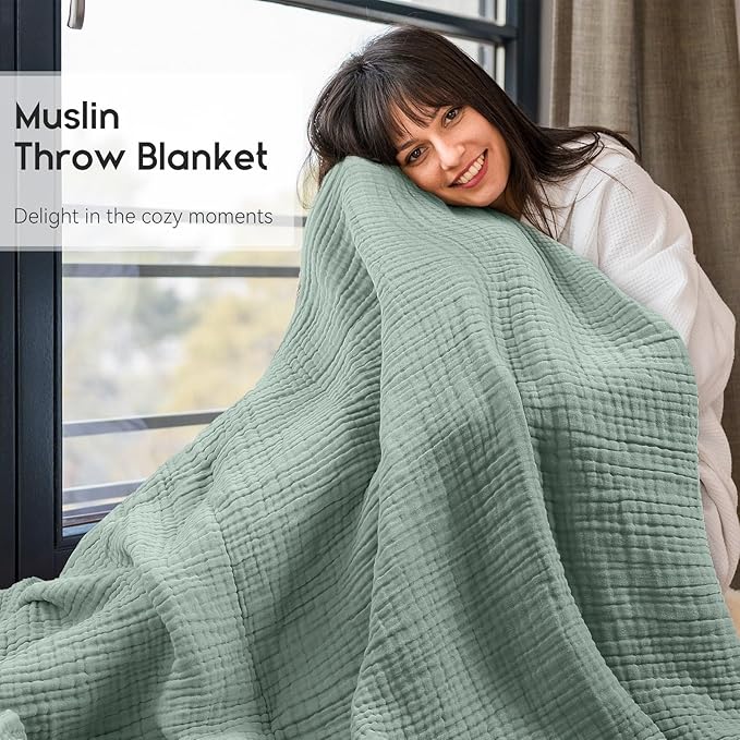 Yoofoss Muslin Blanket 100% Organic Cotton Throw Large 50" x 60" for Bed Couch Summer Gauze Blanket for Adults Lightweight and Breathable Dark Green