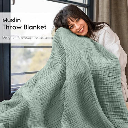 Yoofoss Muslin Blanket 100% Organic Cotton Throw Large 50" x 60" for Bed Couch Summer Gauze Blanket for Adults Lightweight and Breathable Dark Green