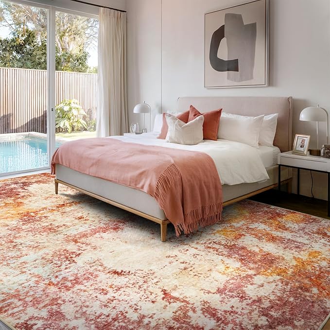 9x12 Area Rug for Living Room- Washable Rugs Modern Neutral Abstract Rug Soft Low Pile No Slip Stain Resistant Rug Indoor Large Carpet for Bedroom Dining Room Nursery Room Home - Pink/Orange