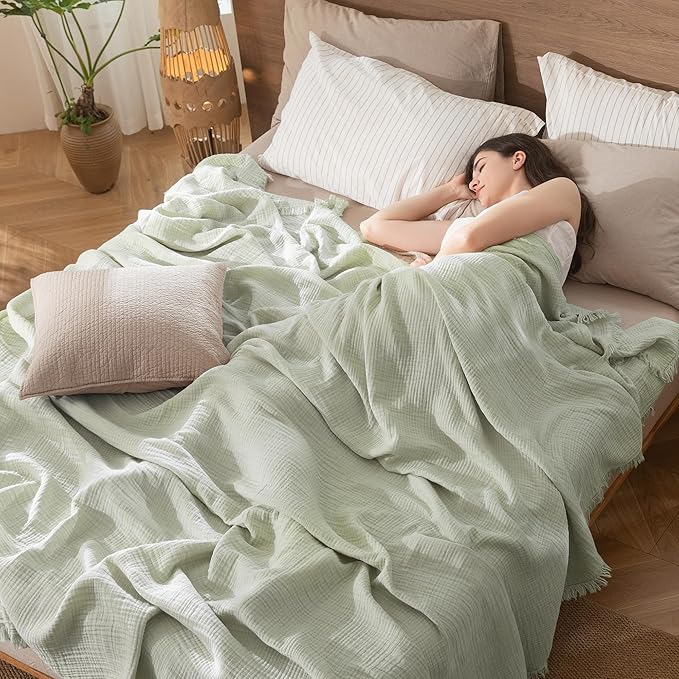 MooMee Muslin Blanket - 100% Cotton 4-Layer Gauze Throw Blanket with Tassels Ultra-Soft Breathable Lightweight Cooling for Bed Couch (Sage Green,King 104" x 90")