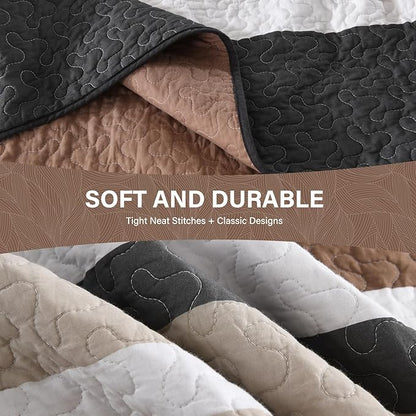 SahSahCasa 128"x120" 100% Cotton Oversized California King Bedspread Striped Quilt Set, Cal King Quilted Bedspread Extra Large Coverlet, XL Bed Spread Lightweight Comforter, Charcoal/Brown/Beige