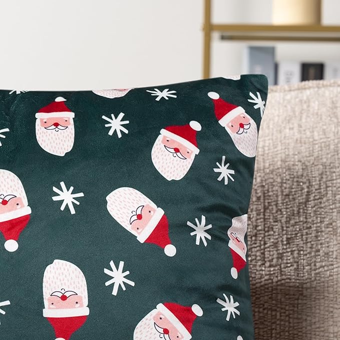 PAVILIA Holiday Throw Pillow Covers 20x20 Set of 2, Decorative Pillow Cases Bed Sofa Couch, Christmas Winter Accent Decor Cushion Bedroom Living Room, Velvet Square Euro Sham Covers, Santa Green