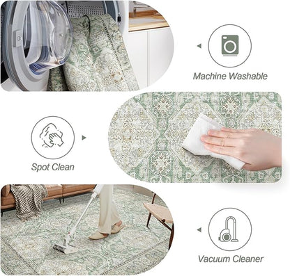 8x10 Area Rugs, Washable Rugs, Large Stain Resistant Area Rug for Living Room Bedroom Dining Room, Vintage Farmhouse Rug Green