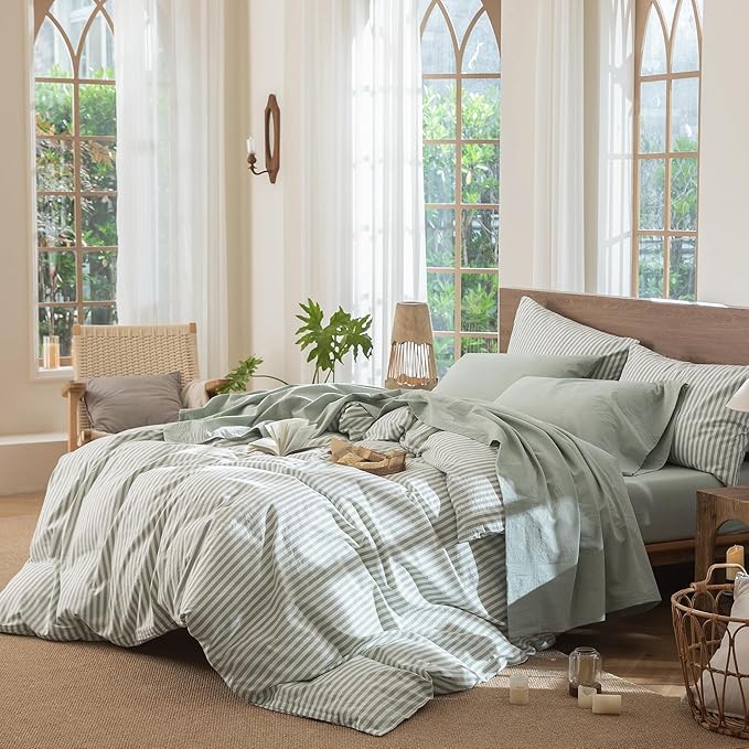 MooMee Bedding Sheet Set 100% Washed Cotton Linen Like Textured Breathable Durable Soft Comfy (Heathered Sage Green, King)