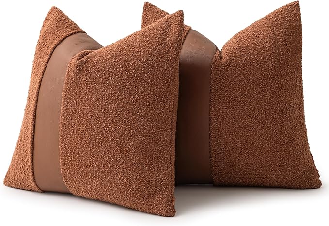18"x18" Rust Red Boucle Throw Pillow Covers with Faux Leather Accents Set of 2 Fluffy Textured Decorative Pillow Cases for Couch Bed Boho Farmhouse Square Cushion Covers for Nordic Home