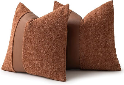 18"x18" Rust Red Boucle Throw Pillow Covers with Faux Leather Accents Set of 2 Fluffy Textured Decorative Pillow Cases for Couch Bed Boho Farmhouse Square Cushion Covers for Nordic Home