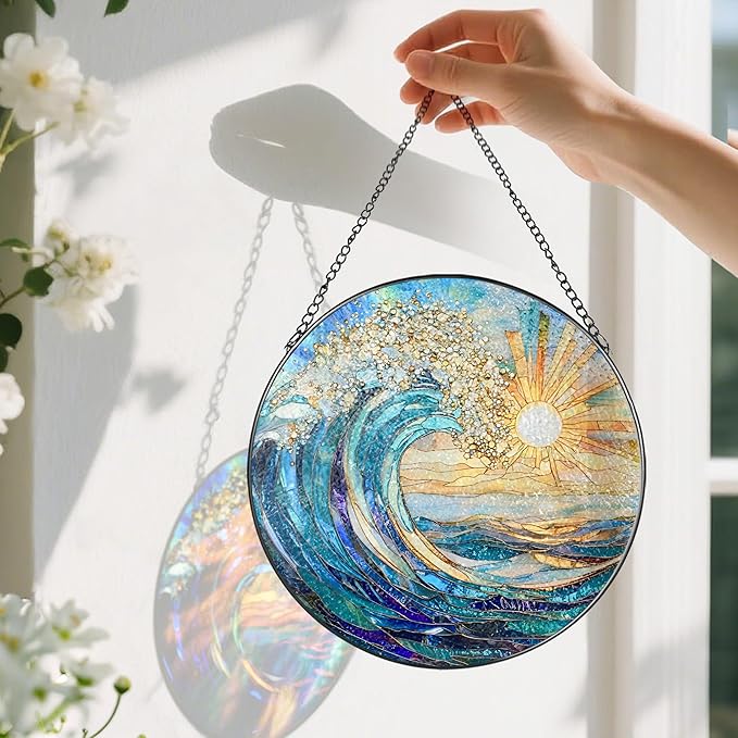 Sea Wave Stained Glass Suncatcher, 8 Inch Ocean Suncatchers for Window Hanging, Beach Lover Gifts, Beach Decor, Coastal Suncatcher, Gifts for Friends, Couples, Family, Colleagues