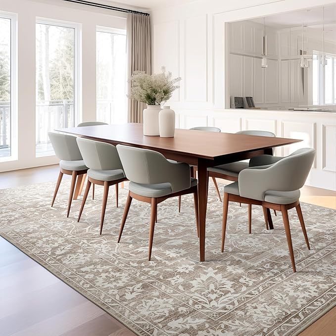8x10 Area Rugs for Living Room, Stain Resistant Washable Rugs for Dining Room, Kitchen, Floral Vintage Non-Slip Thin Large Area Rug Light Brown