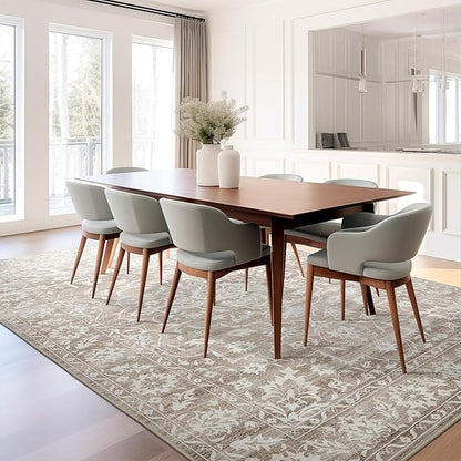 Area Rugs 4x6 for Living Room, Stain Resistant Neutral Washable Rugs for Dining Room, Kitchen, Floral Vintage Non-Slip Area Rug Farmhouse 4x6 Rug Light Brown