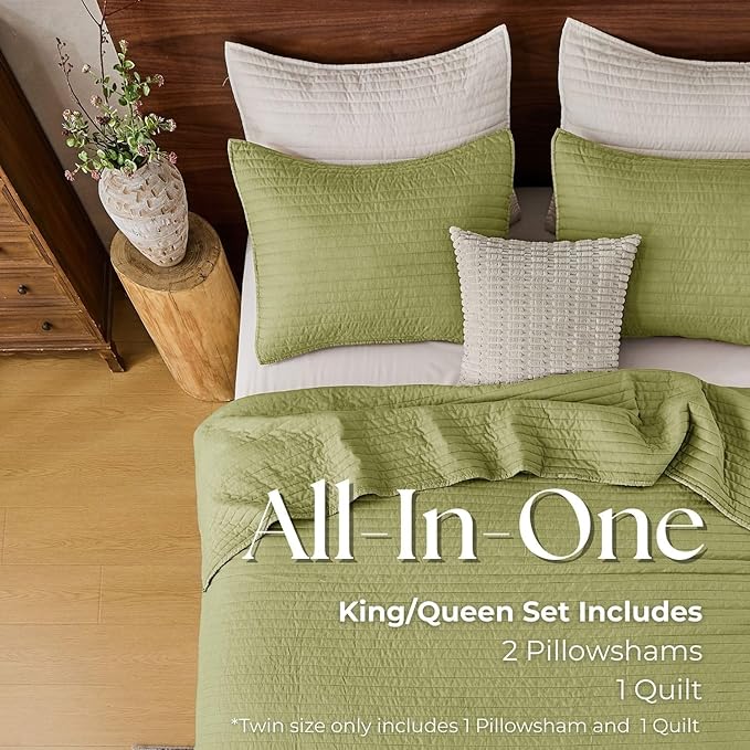 DOWN HOME King Quilt Bedding Set with Shams, Vintage Washed Soft Quilted Blanket Thin Comforter Lightweight Bedspread Coverlet Bed Cover, Brushed Microfiber Stripe Stitching, Golden Olive, 104"x90"