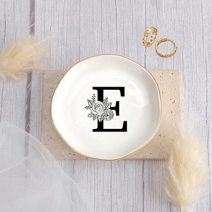 Initial E Ceramic Jewelry Tray, Bridesmaid Bride Gifts, Mothers Day Christmas Anniversary Engagement Birthday Gifts for Women Couples, Trinket Dish for Rings Earrings Necklaces Bracelets Keys