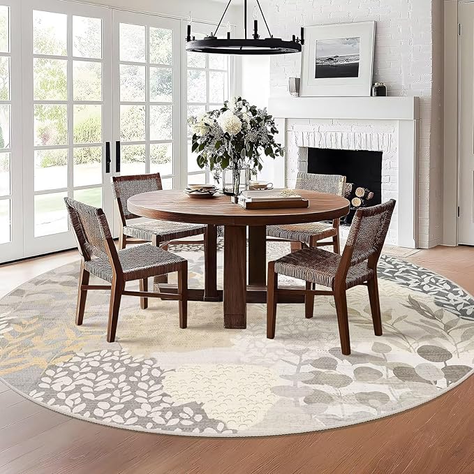 DEXDE Large Round Rug 9ft Washable Circle Area Rugs, Non Slip Low Pile Boho Floral Circular Carpet for Bedroom Bathroom Entryway Kids Room Office Dining Room, Gray