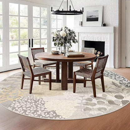 DEXDE Large Round Rug 9ft Washable Circle Area Rugs, Non Slip Low Pile Boho Floral Circular Carpet for Bedroom Bathroom Entryway Kids Room Office Dining Room, Gray
