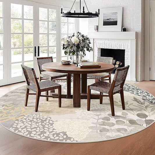 DEXDE Large Round Rug 9ft Washable Circle Area Rugs, Non Slip Low Pile Boho Floral Circular Carpet for Bedroom Bathroom Entryway Kids Room Office Dining Room, Gray