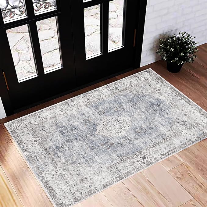 Washable Area Rug 2'x3' Door Mat Vintage Distressed Doormat Indoor Entrance Traditional Thin Rug Floral Print Non Slip Carpet for Kitchen Bathroom Bedroom Living Room