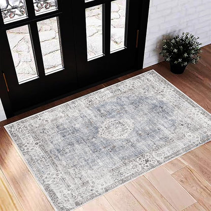 Washable Area Rug 2'x3' Door Mat Vintage Distressed Doormat Indoor Entrance Traditional Thin Rug Floral Print Non Slip Carpet for Kitchen Bathroom Bedroom Living Room