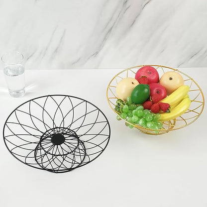 Large Metal Wire Fruit Bowl, Round Mesh Fruit Basket for Kitchen Countertop, Modern Decorative Bread Vegetable Storage Holder Organizer(Gold)