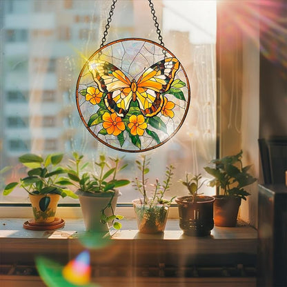 Bimkole Yellow Butterfly Sun Catchers Indoor Window - Flowers Acrylic Suncatcher Hanging Decoration for Living Room Bedroom Summer Home Balcony Outdoor Garden Ornaments Decoration 7.8x7.8 Inch