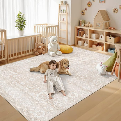 5x7 Area Rugs for Living Room, Beige Floral Washable Rugs for Dining Room, Bedroom, Home Office, Vintage Non-Slip Thin Rug