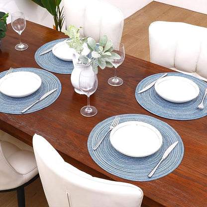 SHACOS Round Braided Placemats Set of 4 Dining Table Placemats 15 inch Circle Place Mats Easy to Clean Table Mats Indoor Outdoor, Blue Gray