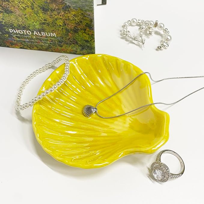 Shell Trinket Dish, Ceramic Jewelry Dish Trinket Tray, Cute Jewelry Organizer Plate for Jewelry, Earring Seashell Jewelry Ring Holder, 3.9", Bright Yellow Iridescent Surface