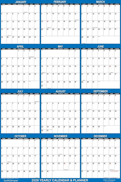 24" x 36" SwiftGlimpse 2026 Wall Calendar Erasable Large Wet & Dry Erase Laminated 12 Month Annual Yearly Wall Planner, Reversible, Horizontal/Vertical, Navy