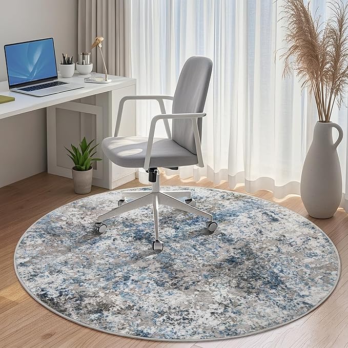5ft Round Area Rug for Living Room- 5x5 Washable Neutral Abstract Rug for Bedroom Modern Soft Dining Room Rug No Slip Low Pile Carpet for Nursery Home Office Decor - Grey/Blue