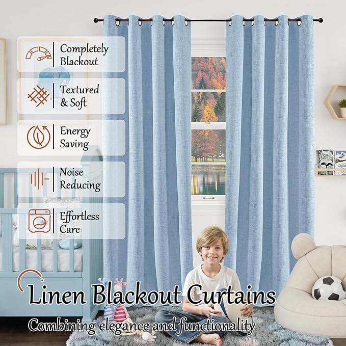 Lajode Blue Linen Blackout Curtains for Kids Bedroom Nursery 84 Inch Length 2 Panels, Thermal Insulated Full Room Darkening Noise Reducing Privacy Window Curtains for Boy Room, Each 52 Inch Wide