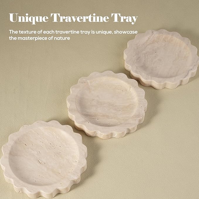 Koville 5.51" Travertine Tray, Round Stone Jewelry Dish for Ring Necklace Earring Perfume, Natural Marble Tray for Countertop Bathroom Kitchen Dresser, Beige Decorative Tray